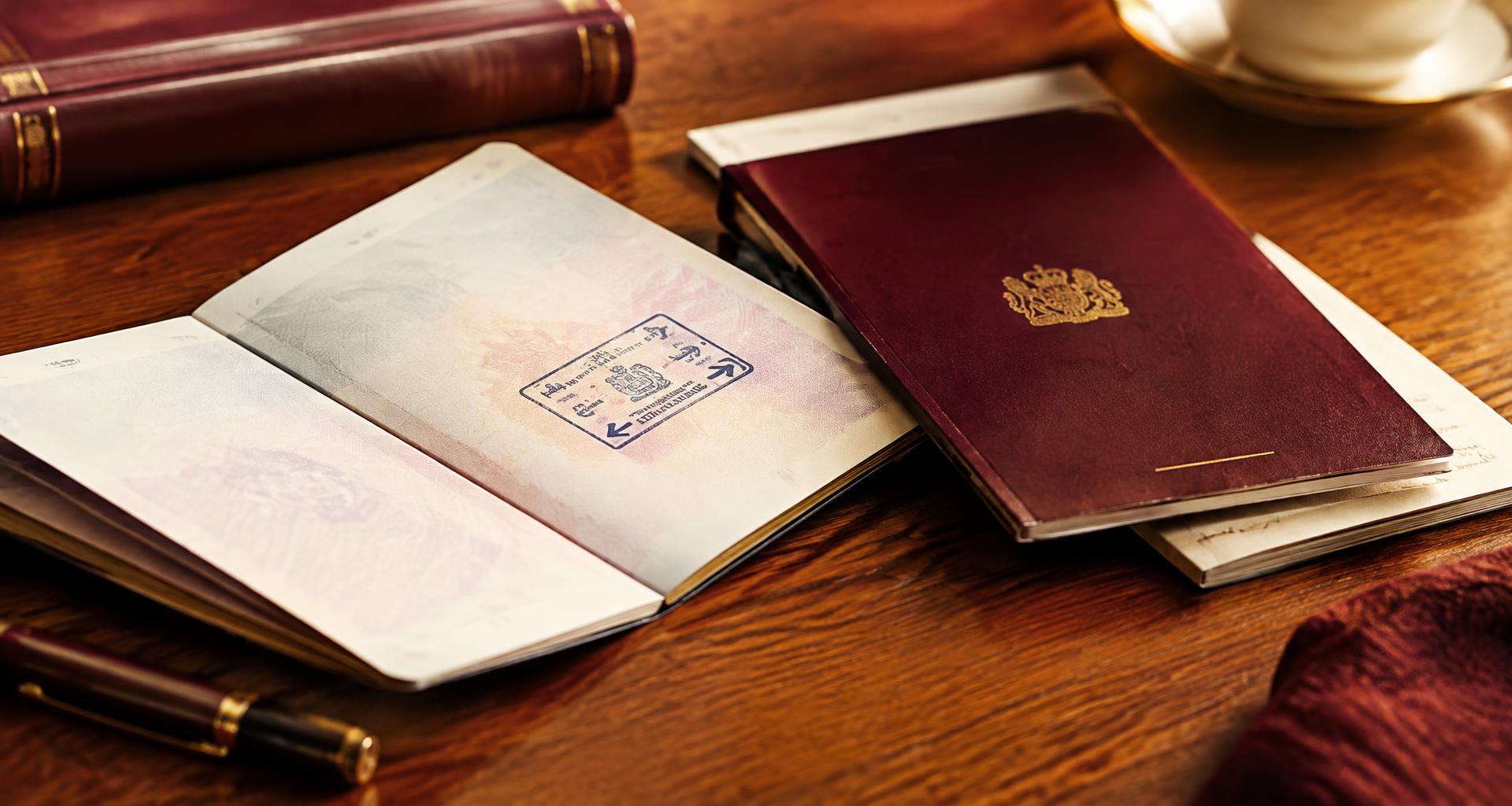 British passport pages and immigration documents on an oak desk